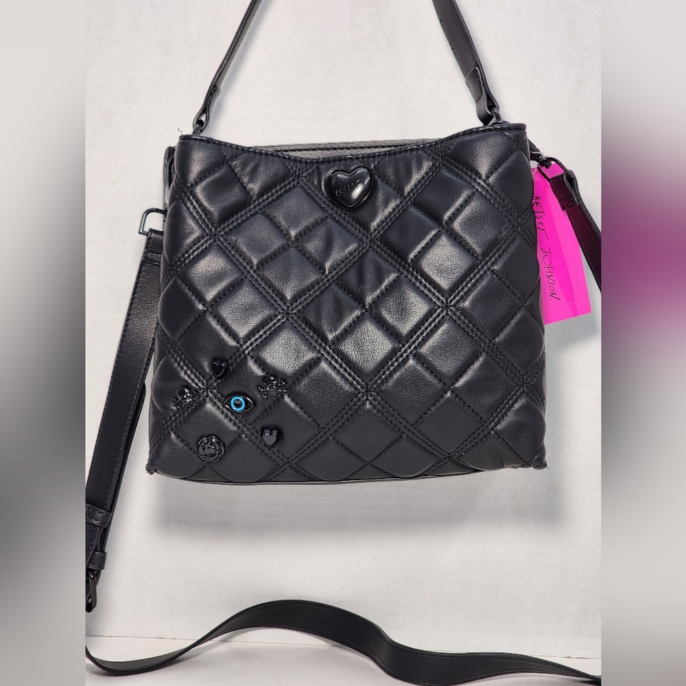 Betsey Johnson Skull & Crossbone Heart Black Quilted Shoulder/Crossbody Bag  NWT